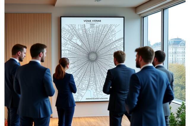 Team of Aurora Wohnungen in a modern office looking at a city map of Vienna